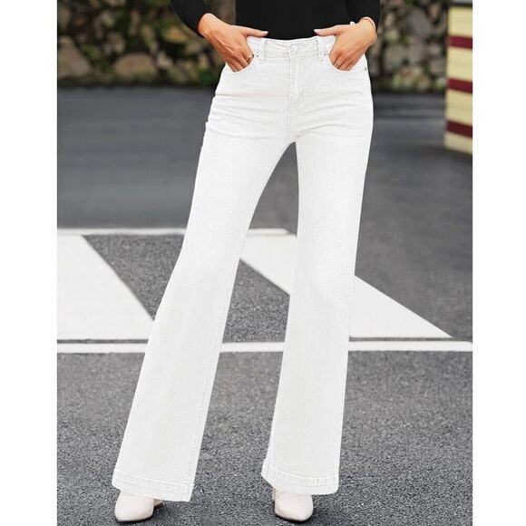 Womens White High Waisted Wide Leg Baggy Denim Flare Pants - Picture 4 of 7